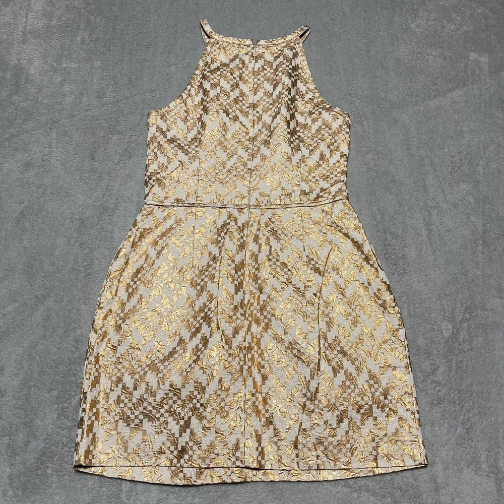 Rachel Roy Dress Womens Medium Gold Ivory Foil Mini High Neck Dress - Picture 7 of 7